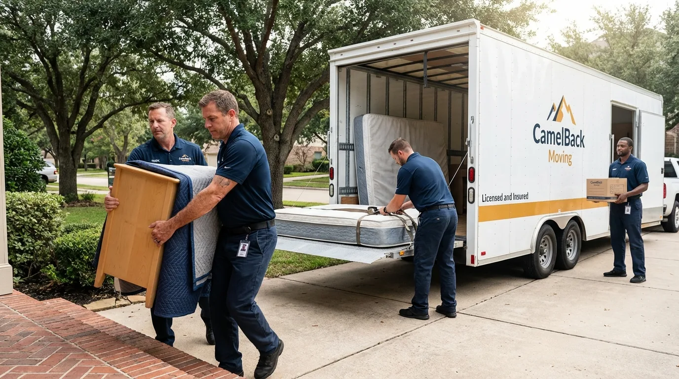 Crew loading residential truck for cross-state move from Worthington, IN
