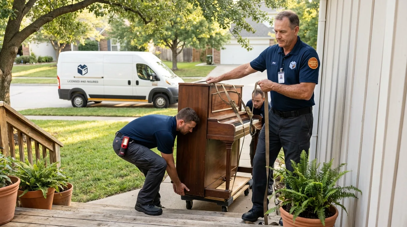 Licensed piano movers securing grand piano in Worthington, IN