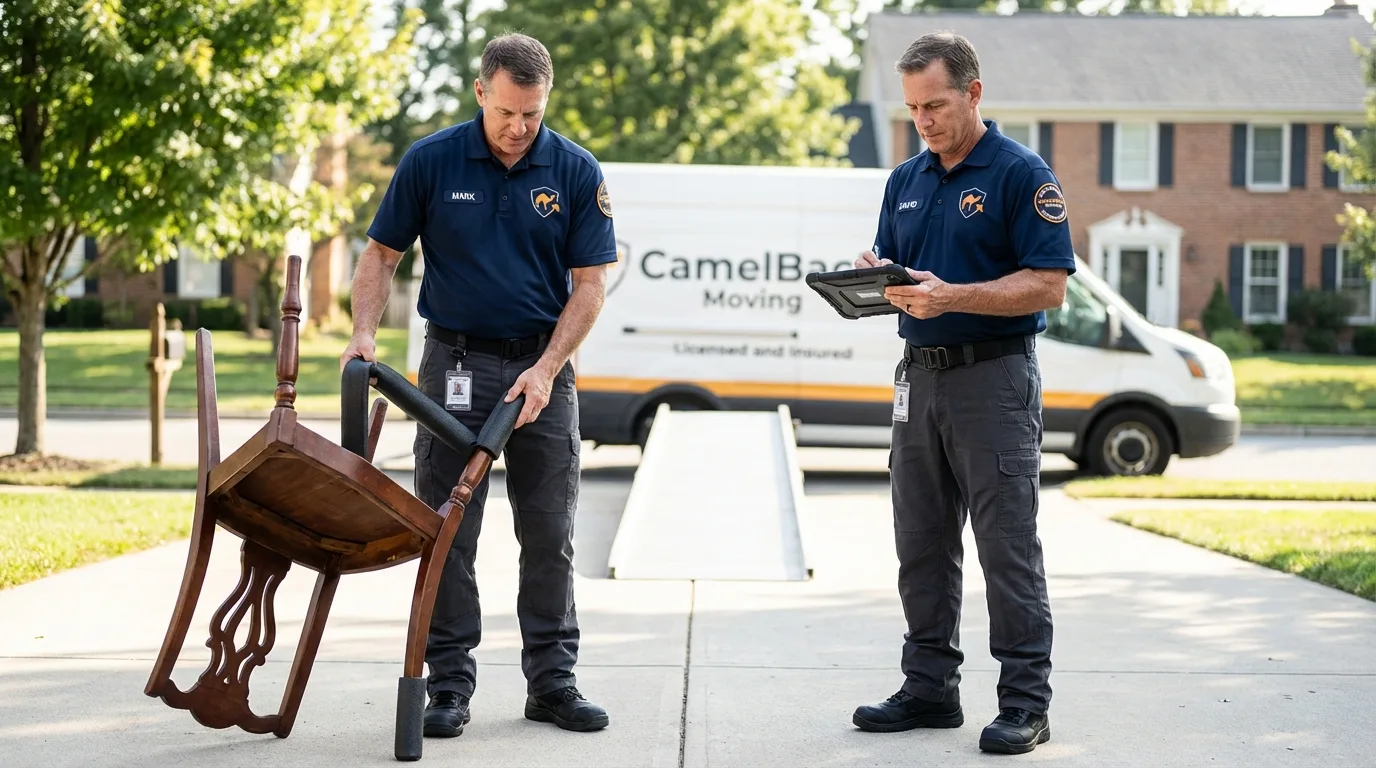Movers inspecting furniture for damage prevention before loading in Worthington, IN
