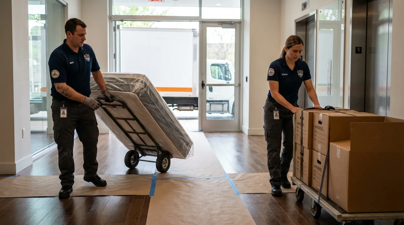 Professional apartment movers loading elevator in Worthington, IN